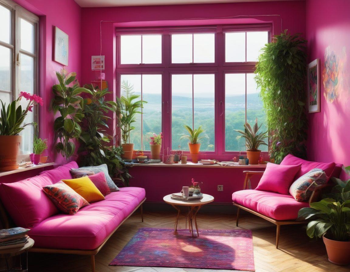 A vibrant, eclectic workspace adorned with striking fuchsia accents, multicolored cushions, and playful wall art. The scene features an open window with sunlight streaming in, illuminating a colorful array of art supplies. Plants with lush greenery add a natural touch amidst the vivid colors. This should evoke a sense of inspiration and creativity, emphasizing a lively atmosphere. super-realistic. vibrant colors. 3D.