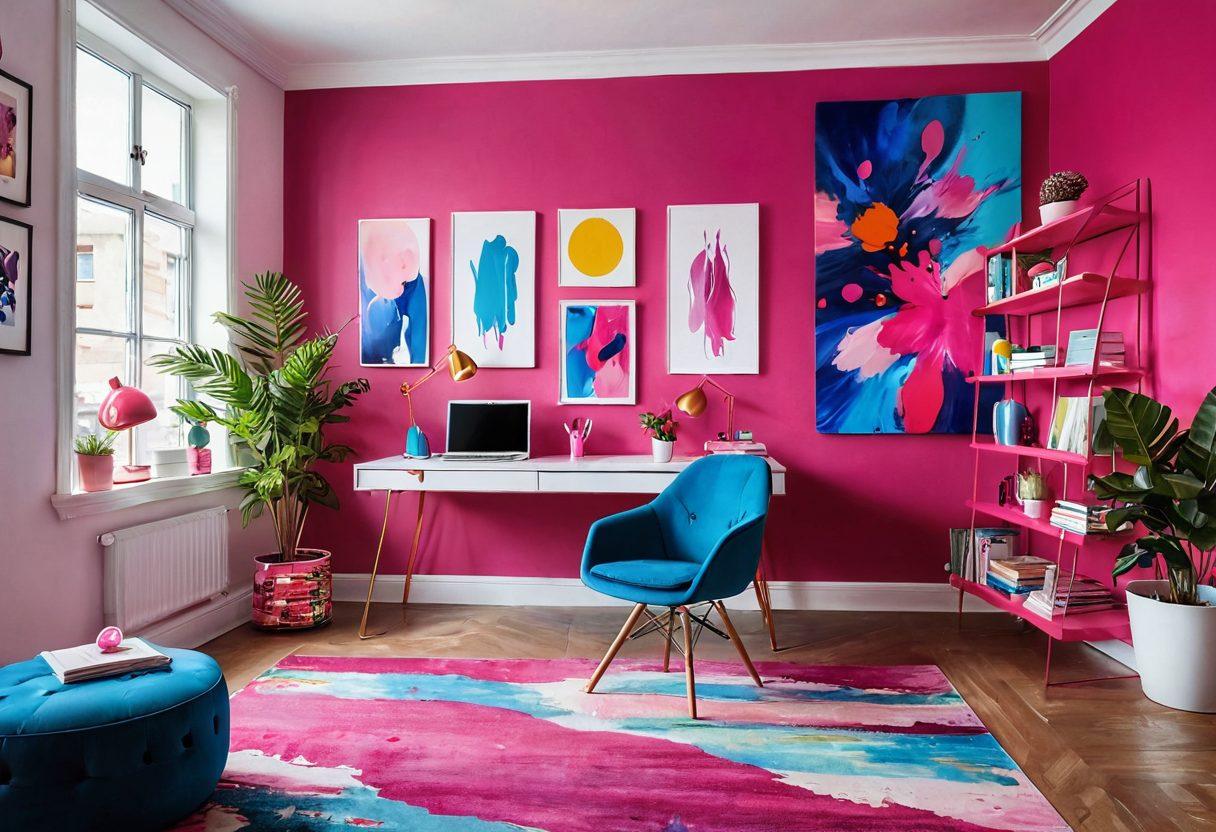 A whimsical and colorful workspace bursting with fuchsia elements, showcasing playful furniture and dynamic decor. Include abstract art pieces that feature vibrant pinks, purples, and blues layered against a bright backdrop. The scene should evoke creativity and joy, filled with inviting textures and fun shapes. Infuse the atmosphere with a sense of motion, as if everything is dancing in harmony. vector art. vibrant colors.