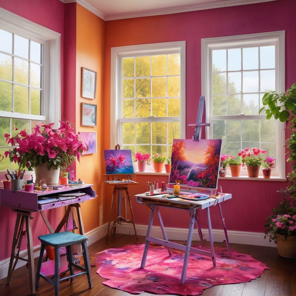 A vibrant and whimsical artistic space filled with colorful decor items inspired by fuchsias, featuring bold pinks and purples. Include an artist's easel with a lively fuchsias landscape painting, surrounded by splashes of paint and creative tools. Soft natural light streams through a window, illuminating the scene with warm hues. The overall atmosphere should evoke a sense of joyful creativity and inspiration. vivid colors. super-realistic.